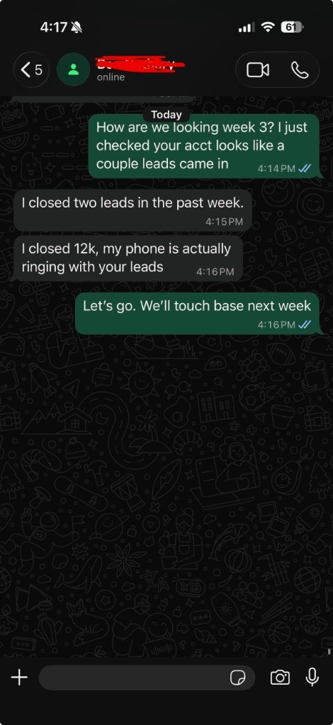 Client text: week 3, closed $12k